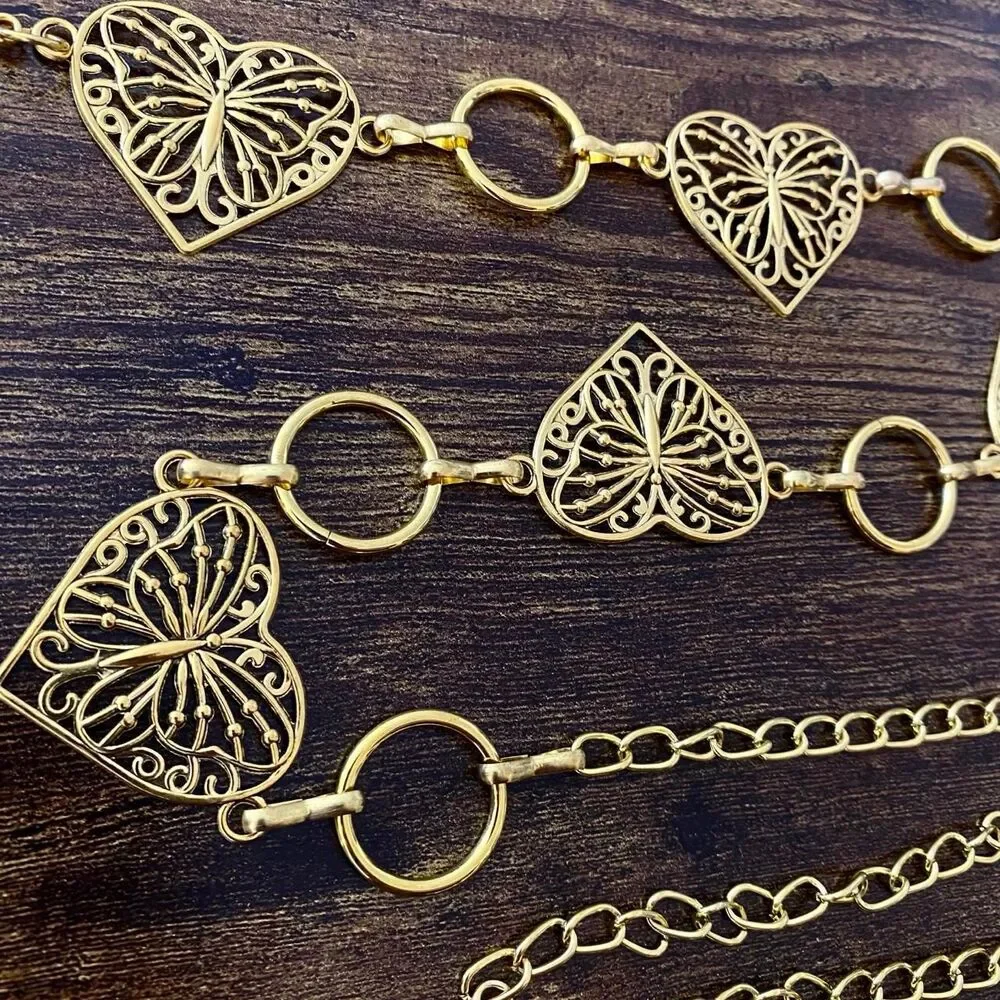 Gold Y2K Butterfly Heart Open Ring Chain Belt, Fits 25-44 Inches, X7GA1318